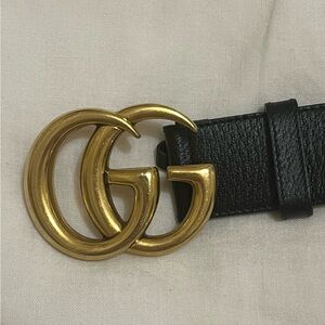 Gucci GG Marmont Wide Leather Belt with Gold Buckle